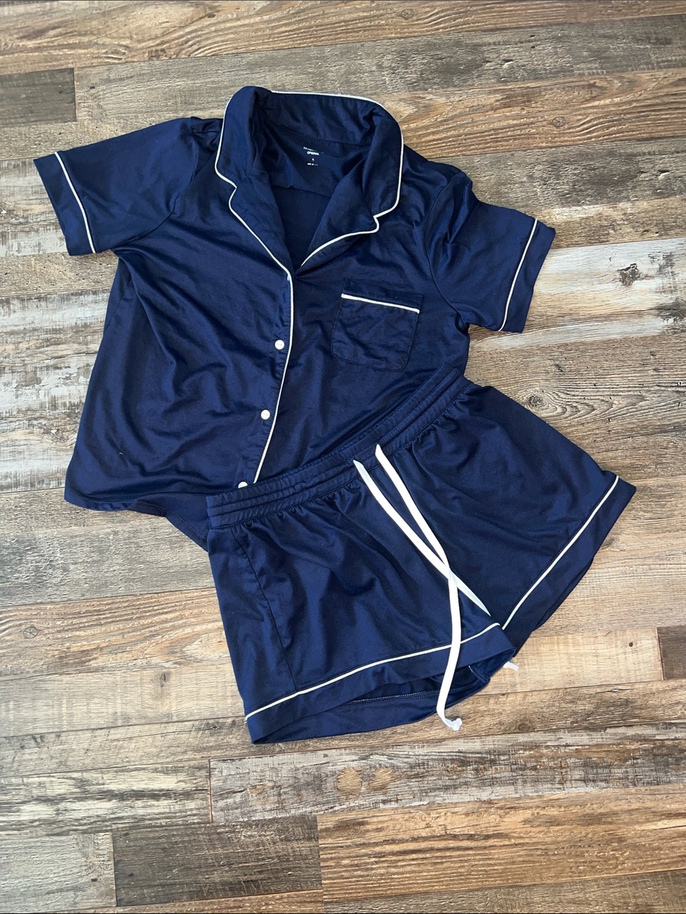 Women's Navy Short Pajama Set with White Contrast Piping